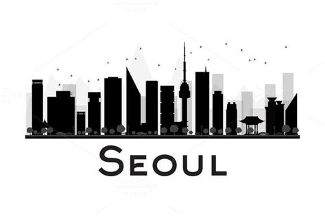 a black and white city skyline with the word seoul