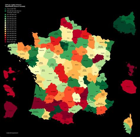 Map : GDP per capita (PPP) of French departments (Source: Eurostat) - Infographic.tv - Number ...