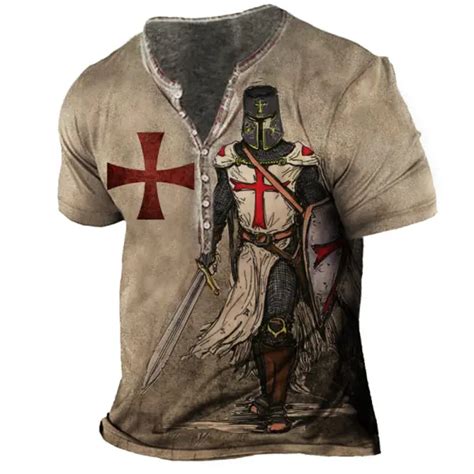 Plus Size Men's Vintage Templar Cross Henley Collar T-Shirt - Cotosen.com