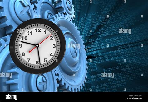 3d illustration of clock over binary background with blue gears Stock Photo - Alamy