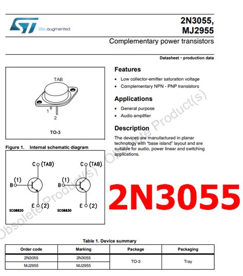 2N3055 PDF - 60V, 15A, NPN Transistor - ST