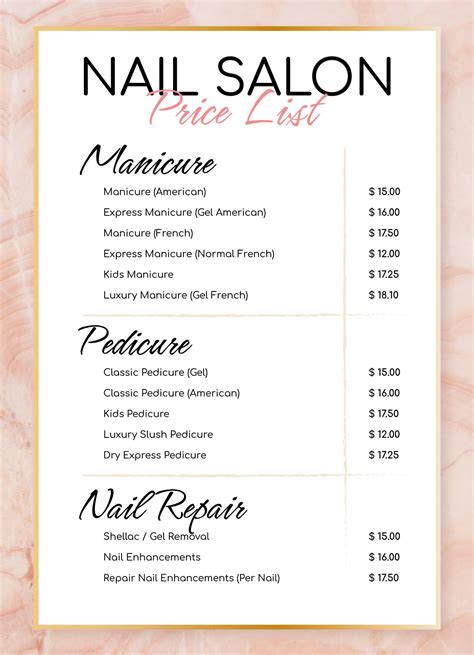 Nail Salon Price List Free Google Docs Template | Nail salon prices ...