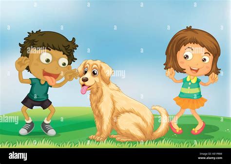 Niños y niñas jugando con perro mascota ilustración Imagen Vector de ...