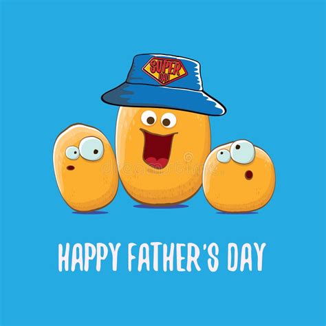 Happy Fathers Day Greeting Card with Cartoon Father Potato and Kids . Fathers Day Vector Label ...