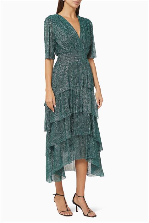 Shop Maje Green Ruffle Tiered Lurex Dress for Women | Ounass UAE