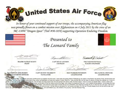 AIR FORCE CERTIFICATE – Official Homepage of Team Leonard USA