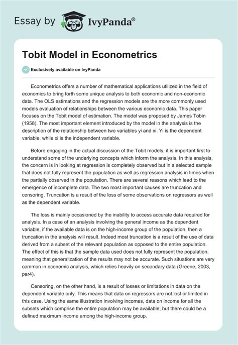 Tobit Model in Econometrics - 2765 Words | Essay Example