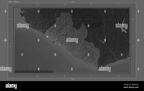 Liberia highlighted on a Grayscale elevation map with lakes and rivers ...