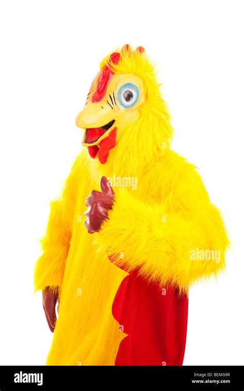 Man dressed in chicken suit, giving thumbs up sign. Isolated on white ...