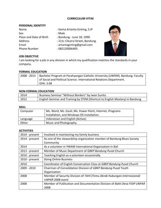 CURRICULUM VITAE-Gema Artanta Ginting | PDF | Free Download