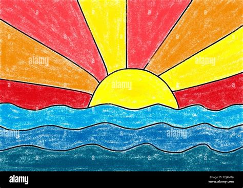 Naive illustration, children drawing, sunset by the sea Stock Photo - Alamy