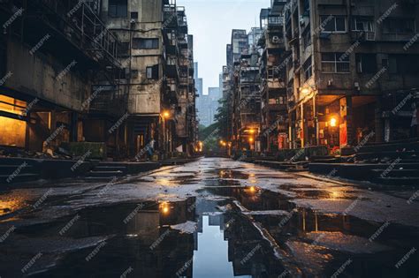 Premium AI Image | an empty street at night with tall buildings in the background