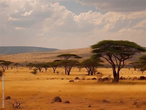 African savannah landscape with acacia trees in Africa. Generative ai ...