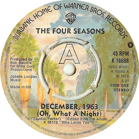 The Four Seasons - December, 1963 (Oh, What A Night) (1975, 4-Prong Push-Out Centre, Vinyl ...