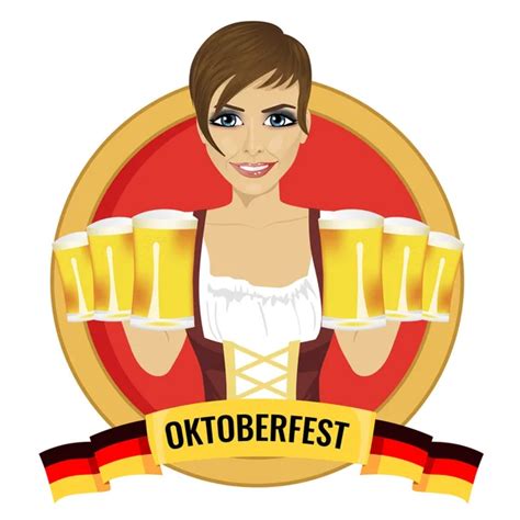 Three oktoberfest girls holding beer tankards against country scene with mountains — Stock ...