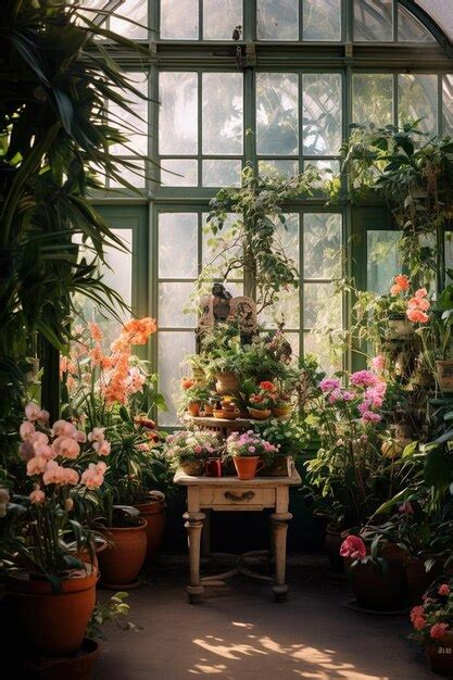 A Victorian greenhouse interior with rare exotic flowers in bloom | Premium AI-generated image