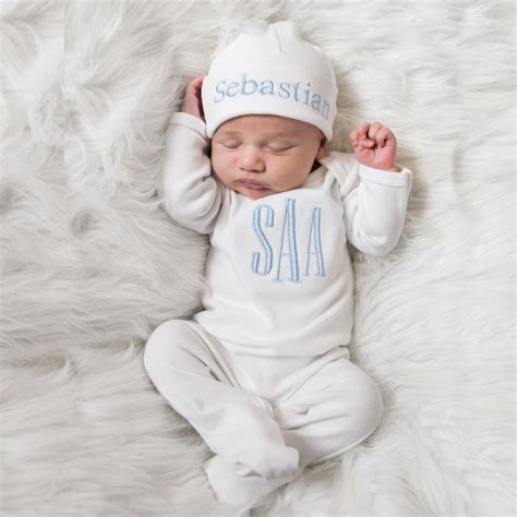 Monogrammed Baby Boy Outfit- White W/Light Blue – Junie Grace