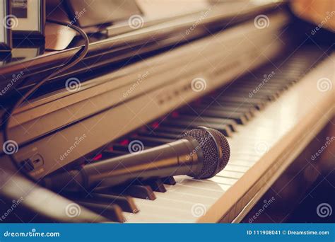 Piano Keyboard and Microphone, Close-up, Macro. the Concept of ...