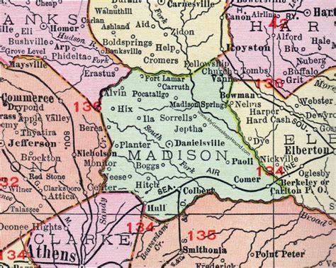 Madison County, Georgia, 1911, Map, Danielsville, Colbert, Comer, Carlton