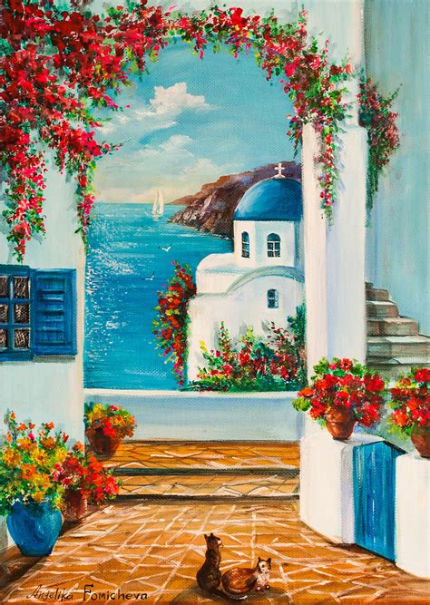 Greece Original Landscape Oil Painting Seascape Greek Island Art Santorini Blue Sea Wall Art 10 ...