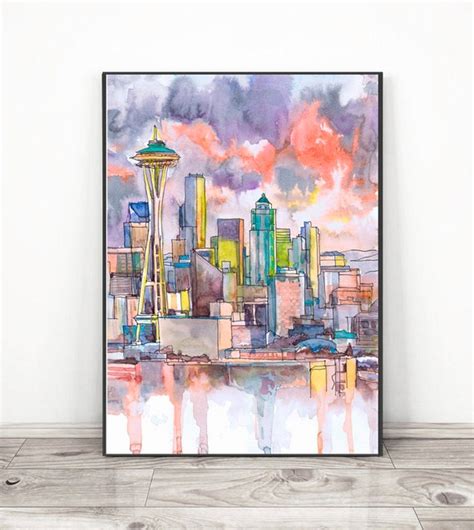 Seattle Wall Art Skyline Watercolor Painting Print Landscape - Etsy