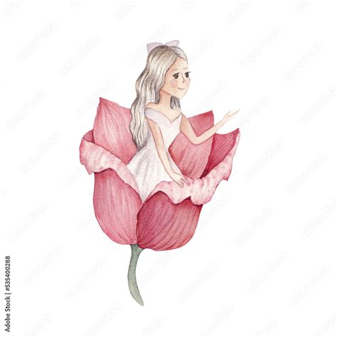 Watercolor illustration fairy tale character, Thumbelina Stock Illustration | Adobe Stock