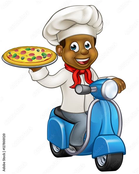 Cartoon Pizza Chef on Delivery Moped Scooter Stock Vector | Adobe Stock