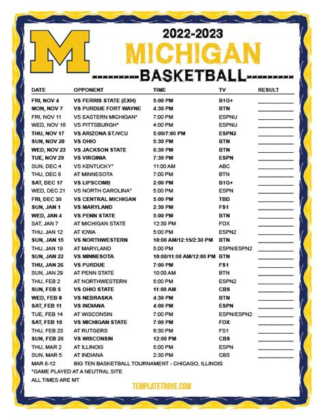 Printable 2022-2023 Michigan Wolverines Basketball Schedule