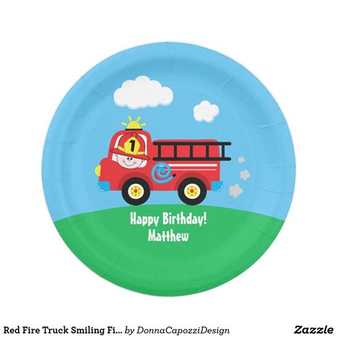 Red Fire Truck Smiling Firefighter Illustration Paper Plate | Zazzle ...