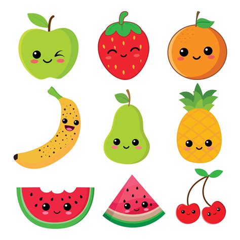 Cute fruits. happy cute set of smiling fruit faces. vector set of flat cartoon illustration ...