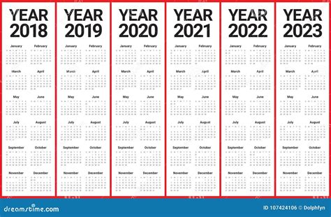 Year 2018 2019 2020 2021 2022 2023 Calendar Vector Stock Vector - Illustration of monthly, 2022: ...