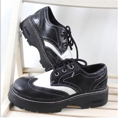 Skechers black and white lace-up Oxford shoes size 6... - Depop