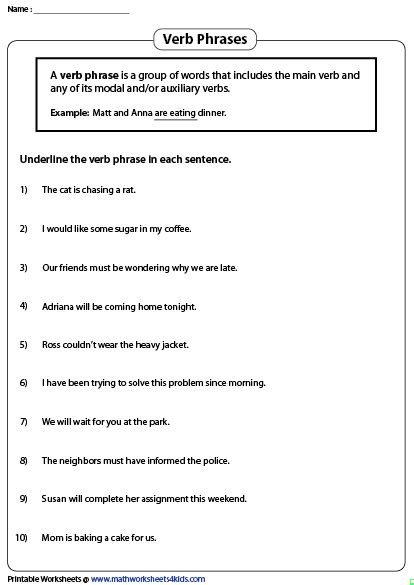 Phrases Worksheets | Verbal phrases, Verb examples, Phrase