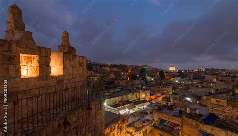 Jerusalem Old City night panorama from Damascus gate Stock Photo ...