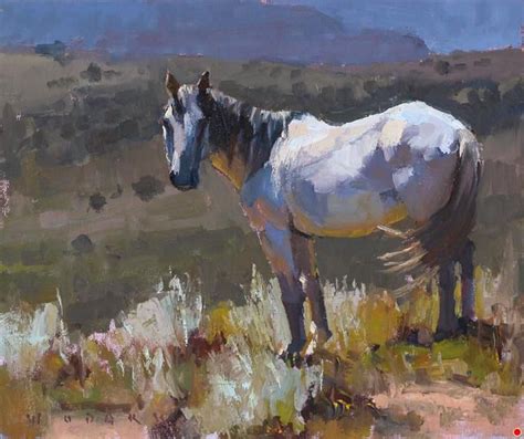 a painting of a white horse standing in a field