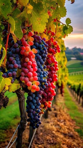 Premium Photo | Grapes on a vineyard with sunset in the background