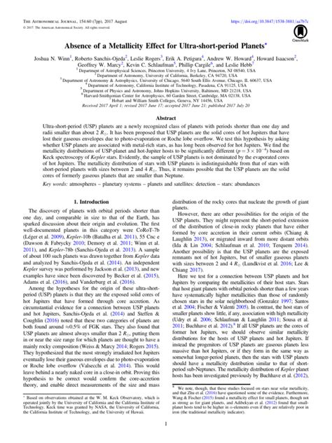 2017 Winn - Absence of A Metallicity Effect For Ultra-Short-Period Planets | Download Free PDF ...