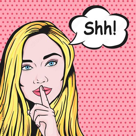 Vector pop art comic woman holding finger on lips for Quiet silence ...