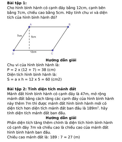 Công thức tính diện tích hình bình hành và ứng dụng giải toán