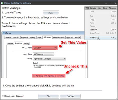 What settings do I need to change in iTunes or Media Player before ripping CDs?