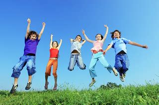 Group of five happy children jumping outdoors. | Group of fi… | Flickr