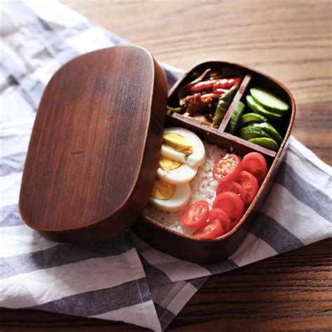 Rectangular Wooden Single Layer Lunch Box Japanese Style Bento Boxes Sushi Portable Food ...