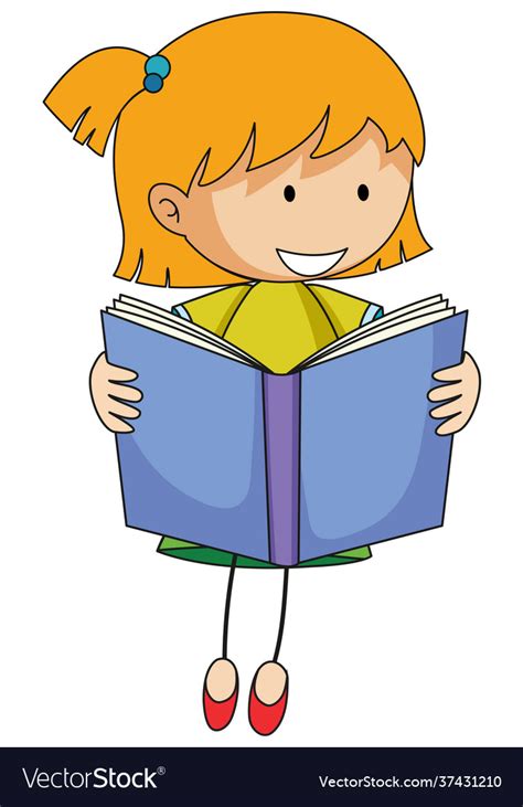 Cute girl reading book doodle cartoon character Vector Image