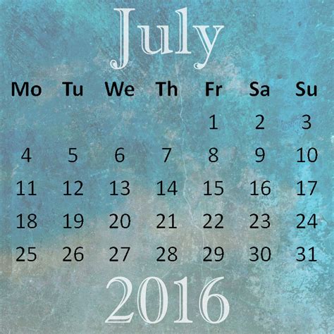 July 2016 Calendar Free Stock Photo - Public Domain Pictures