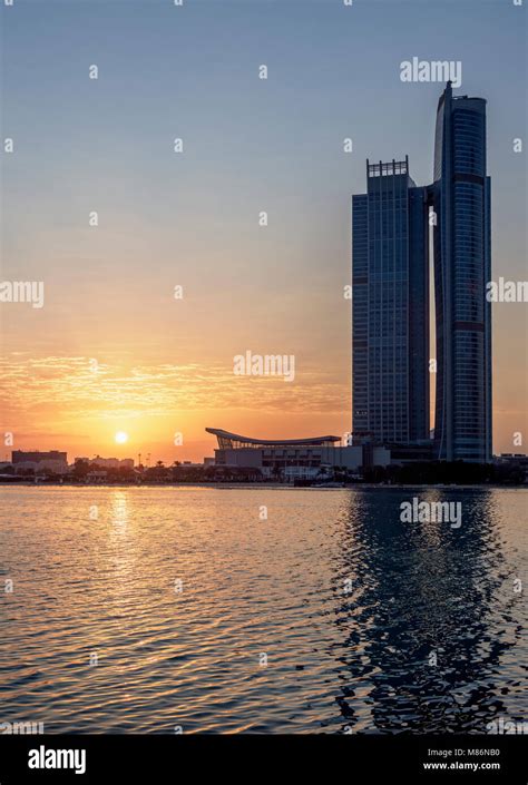 Nation Towers at sunrise, Abu Dhabi, United Arab Emirates Stock Photo ...