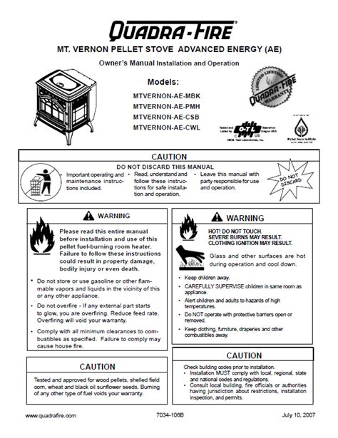 Quadra-Fire Mt Vernon AE FS User's Manual - Pellet_QFMt Vernon AE FS – WoodHeatStoves.com