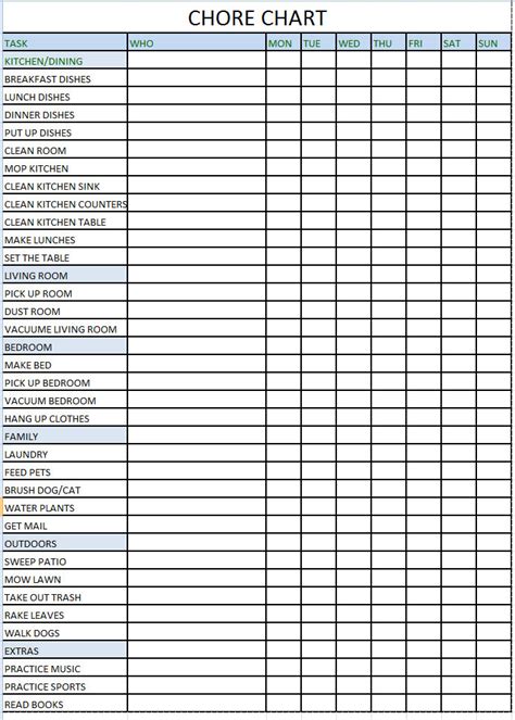 Chore Chart Template Excel