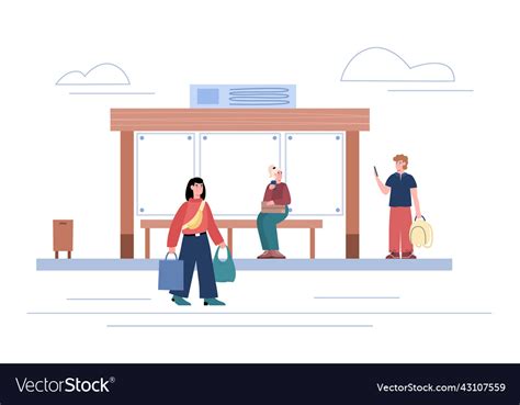 Bus stop with people waiting for transport flat Vector Image