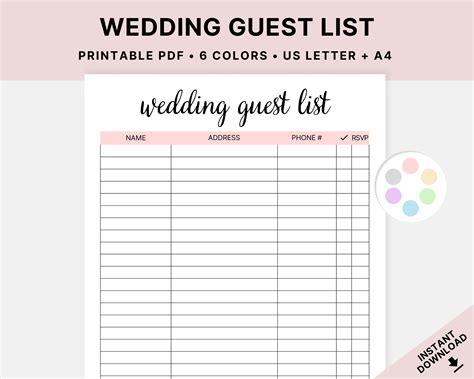 Printable Wedding Guest List Wedding Planner Event Planning - Etsy