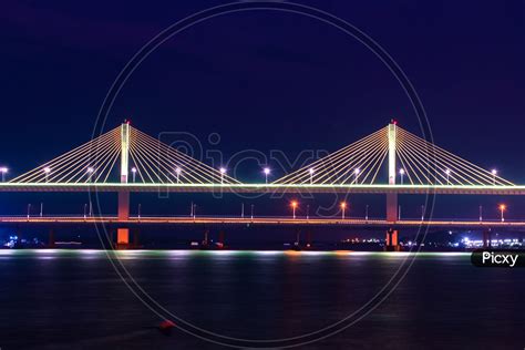 Image of Mandovi Cable Stayed Bridge at night time, Panaji, Goa ...